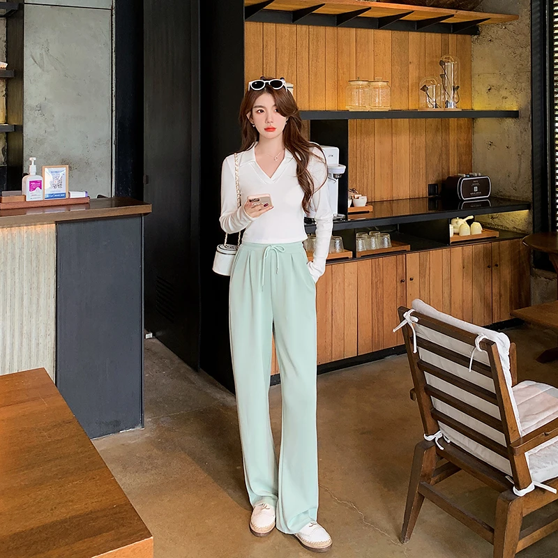 林关关 窄版的阔腿休闲裤粉色直筒裤子高腰垂感33313