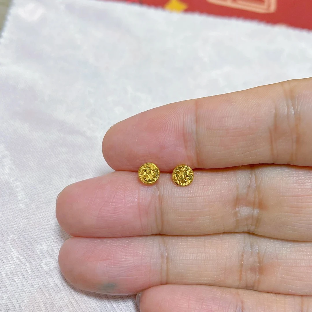 足金999碎碎冰小圆饼耳钉直针时尚