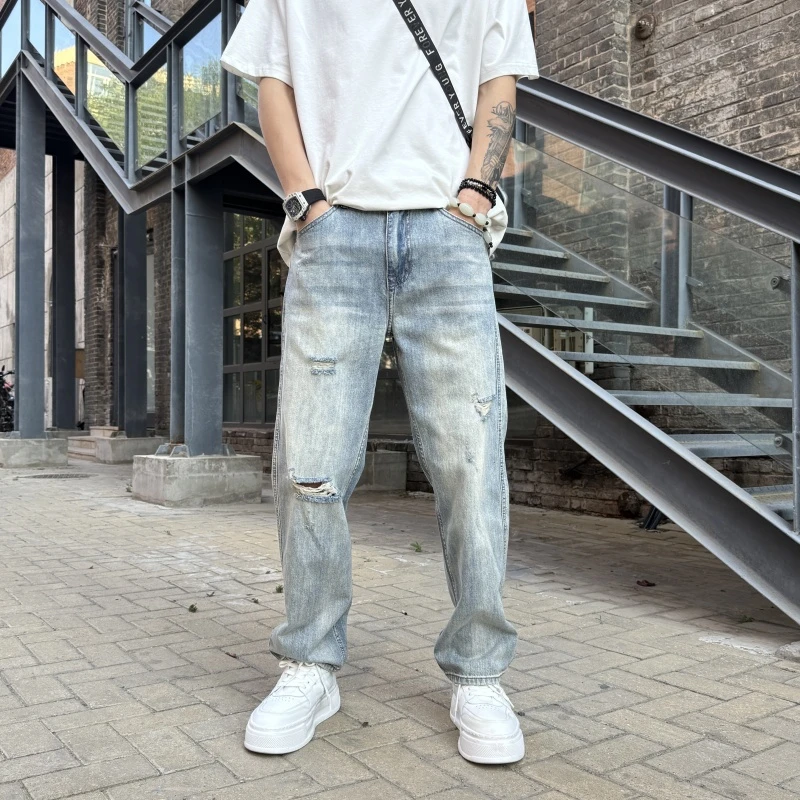 2025秋冬新款男士潮牌蓝色直筒牛仔库美美式高街男士天蓝色牛仔裤