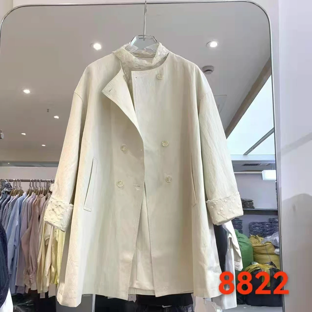时尚气质中长款风衣春季双排扣圆领蕾丝飘带外套