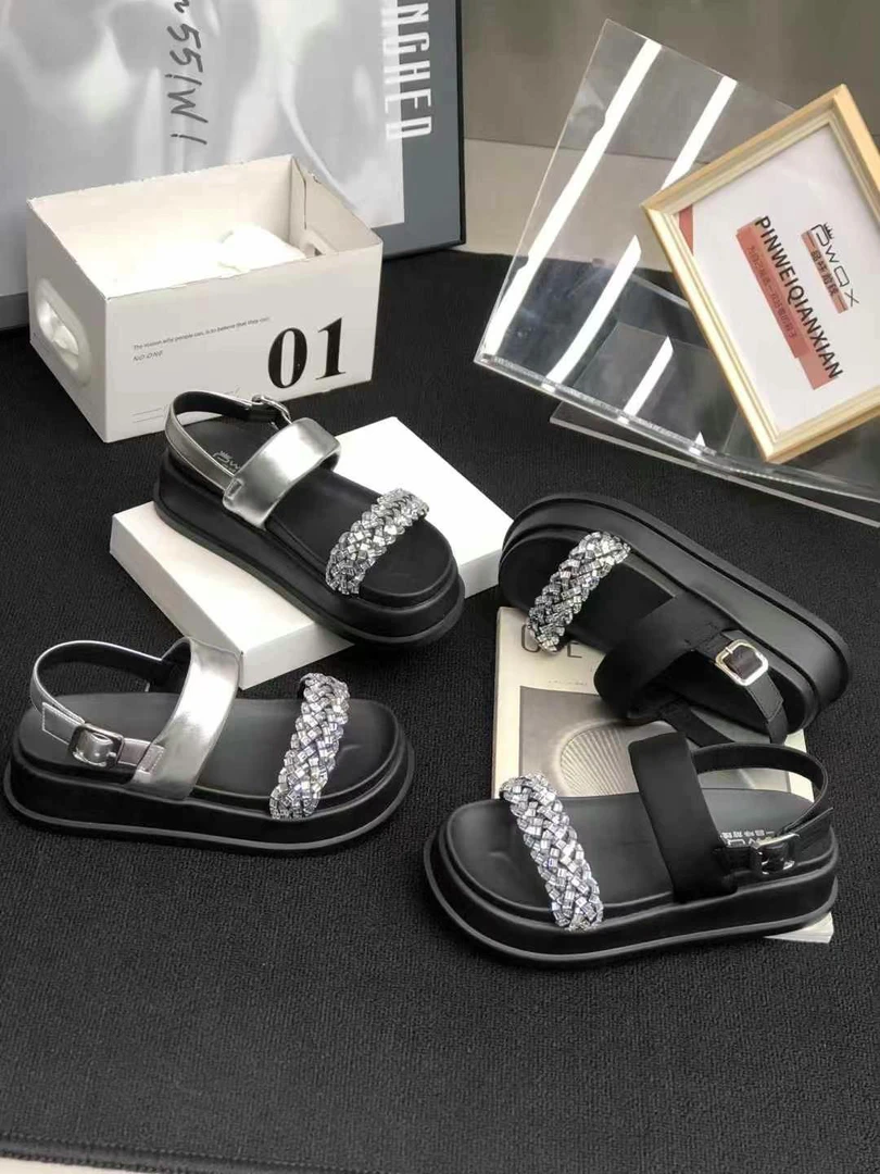 水钻修面皮露趾胶粘纯色罗马凉鞋夏季高跟凉鞋平底