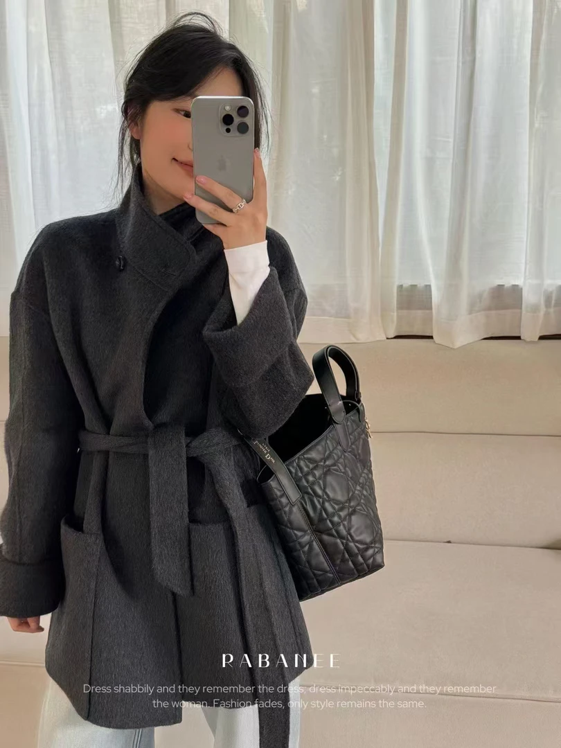 韩系加长款立领双面呢大衣宽松休闲显瘦外套