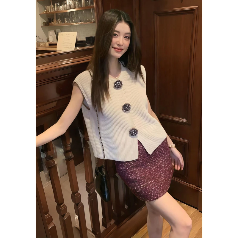 MARIE.COCO小香风针织无袖马甲开衫女夏季新款高腰包臀半身裙套装