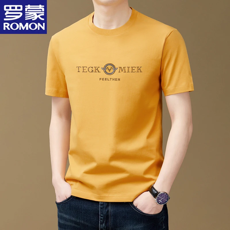罗蒙纯棉休闲短袖t恤男士夏季薄款时尚烫钻上衣韩版潮流半袖圆领