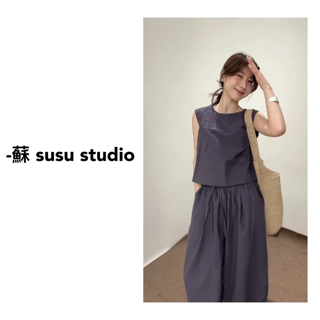 2576夏季新款韩系无袖短款上衣高腰阔腿裤时尚显瘦气质套装