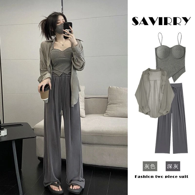 夏季穿搭一整套2025年新款防晒衬衫内搭吊带搭配百搭阔腿裤三件套