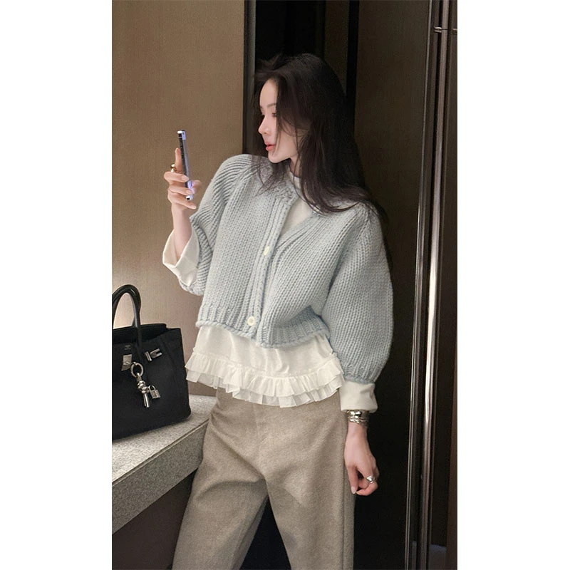 时尚穿搭女士秋季粗针长袖针织开衫小众上衣圆领花边内搭休闲裤