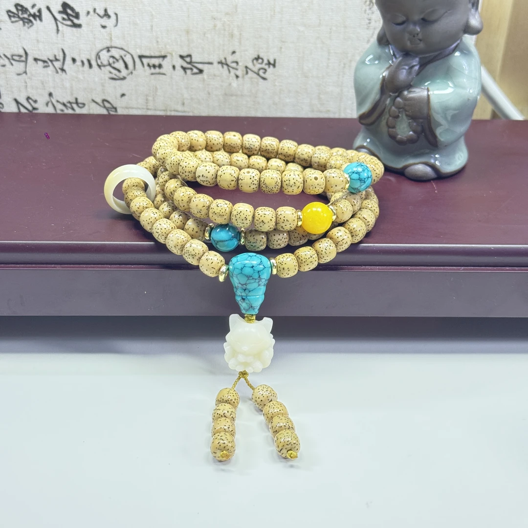 正宗海南星月菩提8*7原生态黄经典108颗吊坠零脱脂文玩佛珠长串