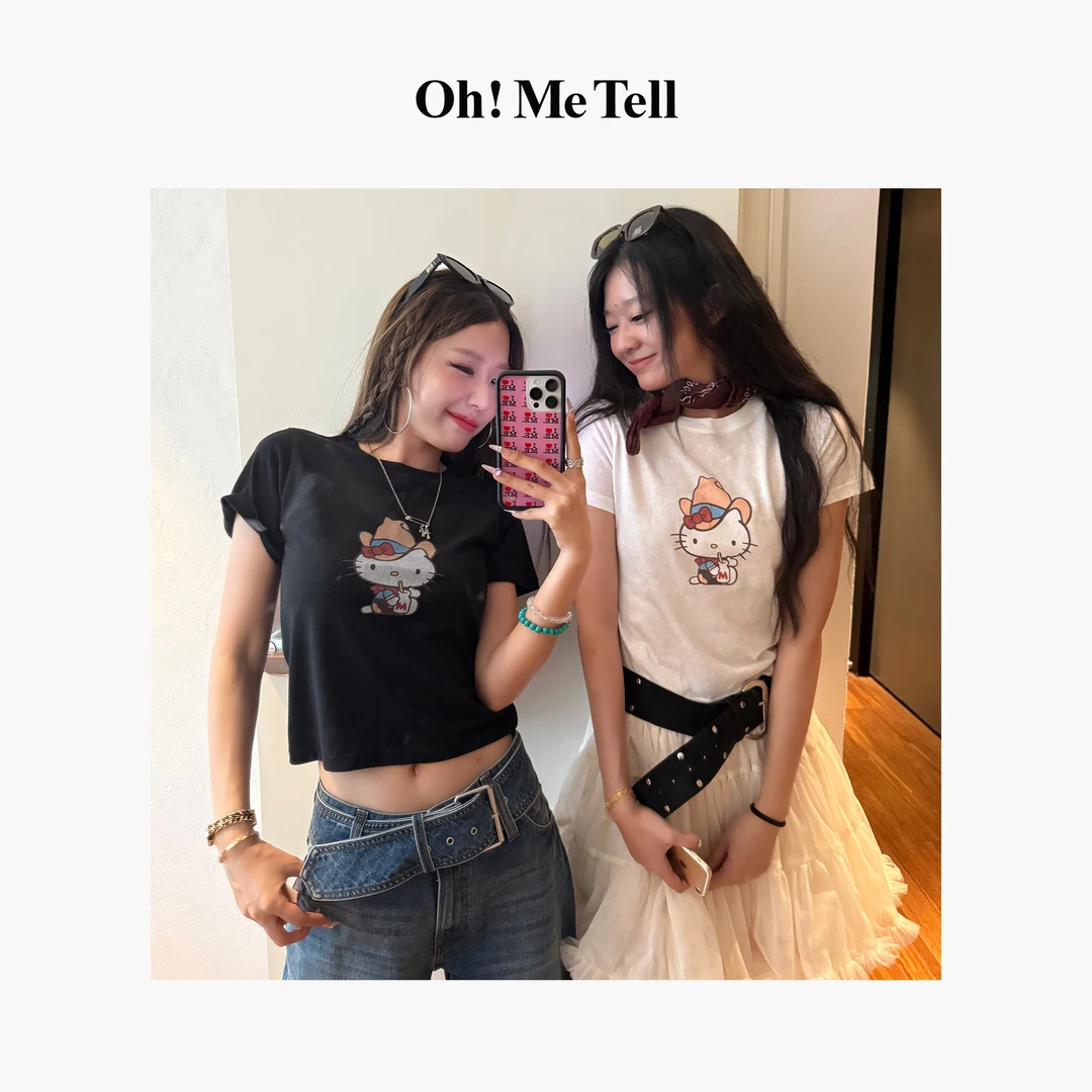 Oh！Me Tell【牛仔很忙】超舒服卡通休闲正肩显瘦短款圆领短袖T恤女