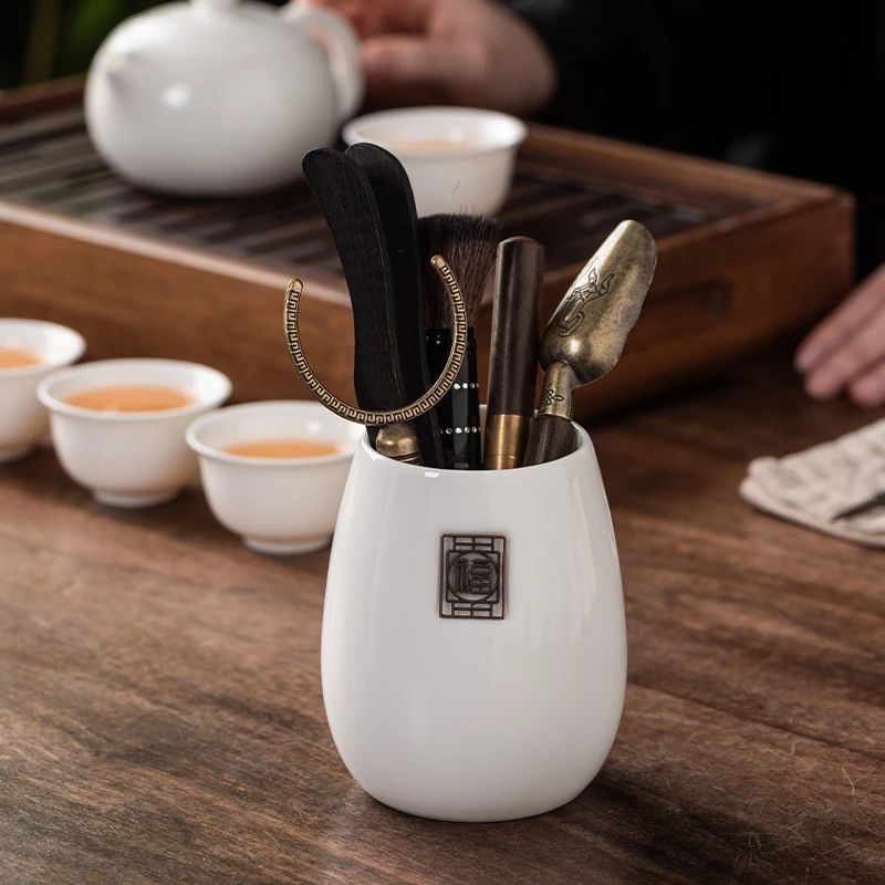 羊脂玉瓷茶道六君子配件茶针茶勺茶夹笔筒养壶笔茶刷高档中【P59】