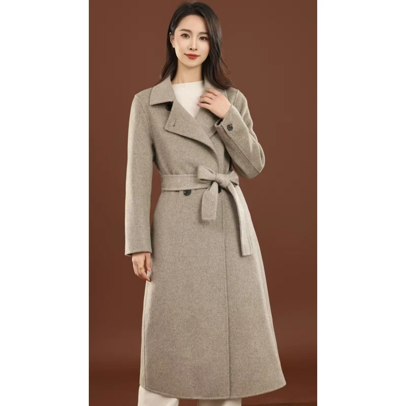 双面羊毛大衣女中长款系带2024年冬新款高端赫本风羊毛毛呢外套