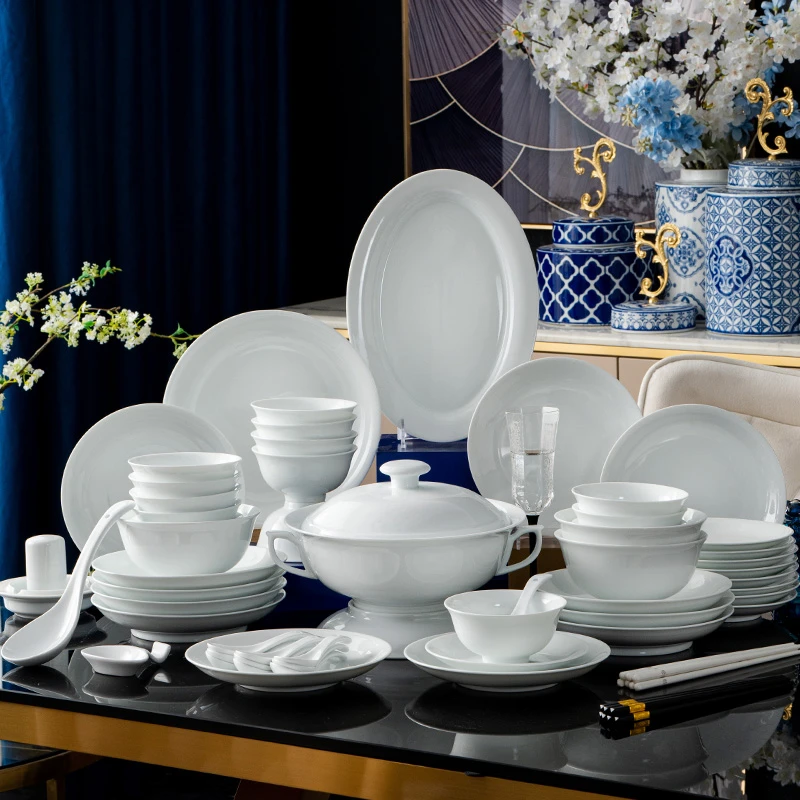 122头高白瓷流霜景德镇高白泥高档中式乔迁新居结婚送礼餐具套装