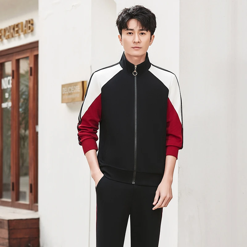 运动套装男春秋季新款时尚洋气拼色帅气跑步服两件套青年男装潮