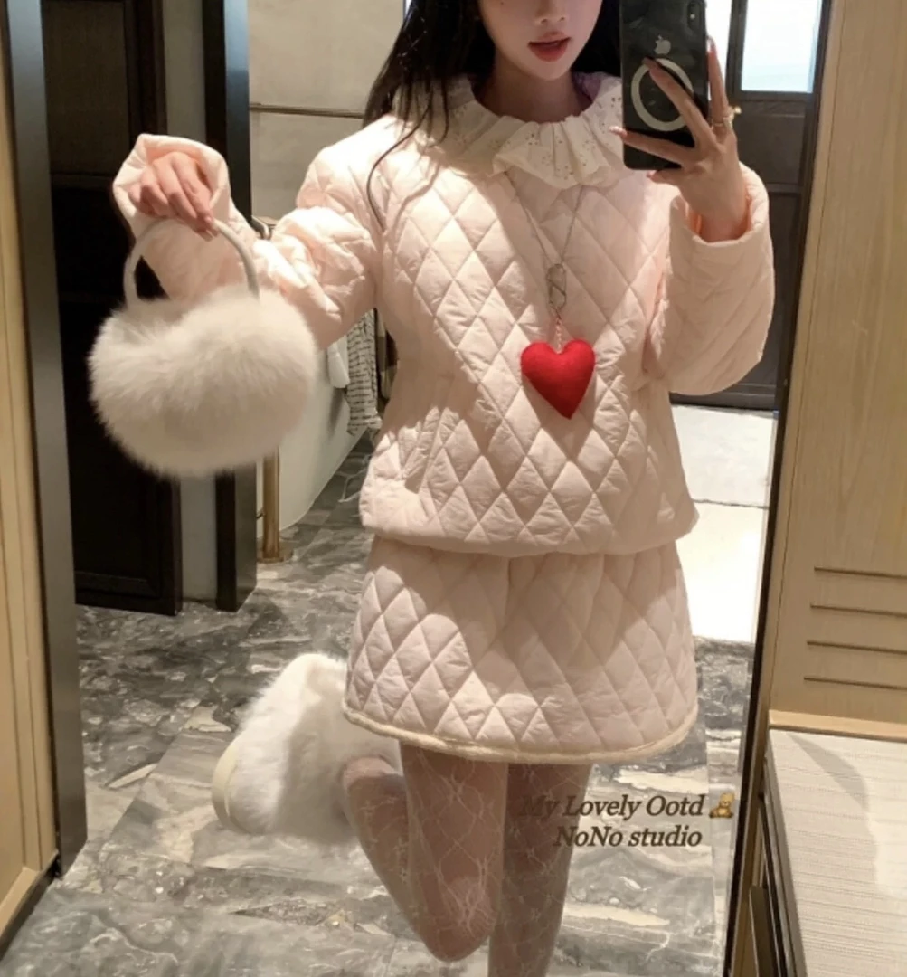 No 退！清！因为很亏！两件！甜美蕾丝花边拼接棉服+松紧腰半身裙套装