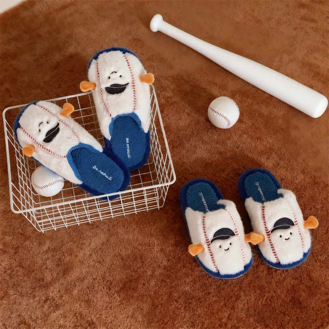 细细条 冬季男女家居情侣棉拖鞋防滑保暖卧室可爱棒球学生毛毛鞋