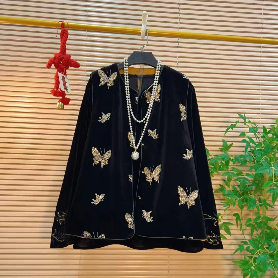 重工蝴蝶刺绣钉珠马甲打底俩件套胖YY2025秋季新款新中式国风套装