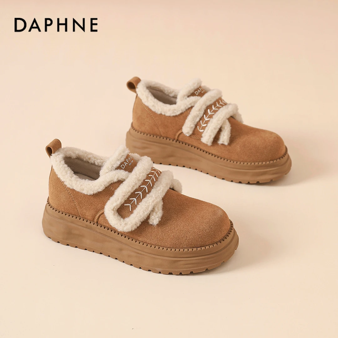 达芙妮加绒勃肯鞋女冬季2025新款厚底爆款乐福毛毛鞋百搭复古棉鞋