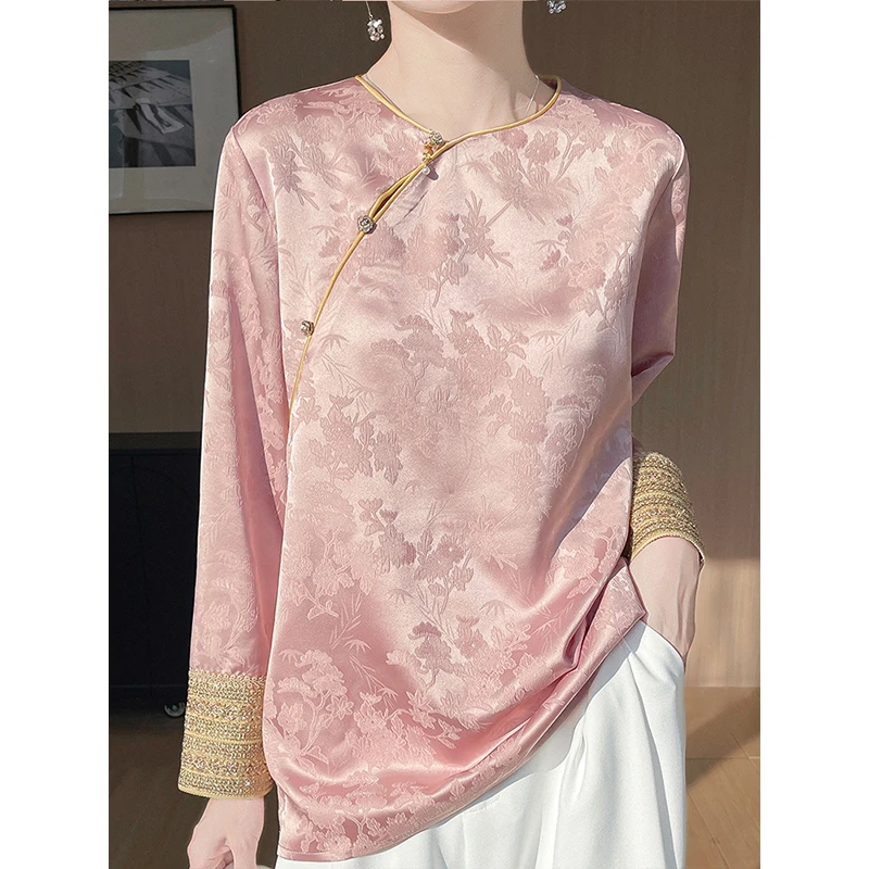 新中式斜襟圆领提花气质女装上衣长袖春夏季显瘦改良减龄国风衬衫
