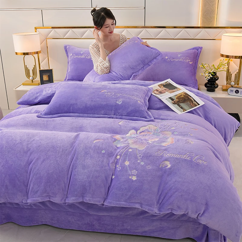 【花开富贵】2025高克重加绒加厚牛奶绒四件套重工刺绣双面绒被套