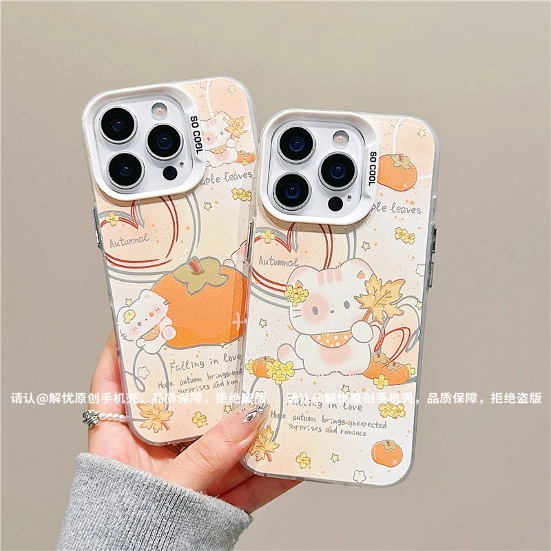 秋天枫叶小猫适用苹果17手机壳新款华为小众OPPO高级小米vivo防摔