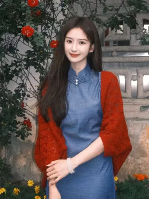 【婉约】2025年新款高级感蓝色旗袍中国风长款红色防晒开衫两件套