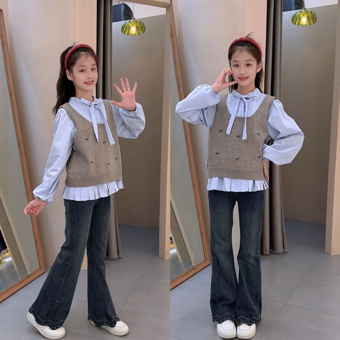 女童秋季休闲毛衣马甲牛仔裤套装