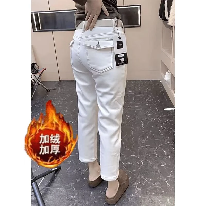 秋冬新款洋气牛仔裤女2025大码显瘦遮肉加绒九分直筒牛仔烟管裤