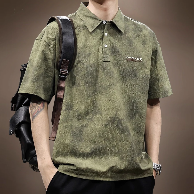 高端设计感云染短袖Polo衫男夏季新款潮牌宽松休闲复古半袖体恤男