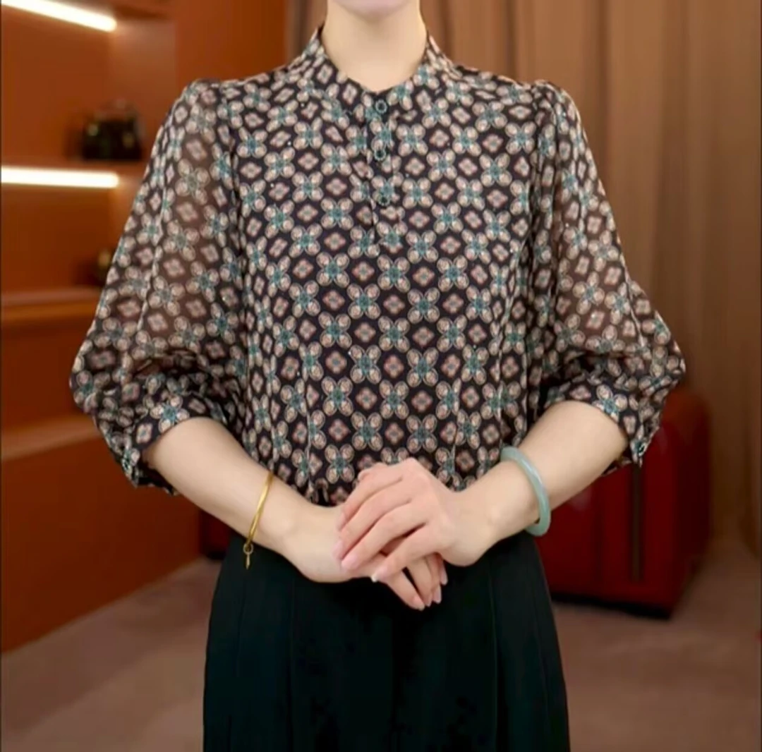 【洒银】夏季薄款七分袖碎花衬衫大码胖mm遮肚宽松显瘦洋气衬衣小衫