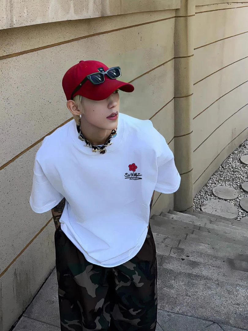 凉感重磅潮牌海棠花国潮时尚休闲运动宽松圆领短袖T恤男女款