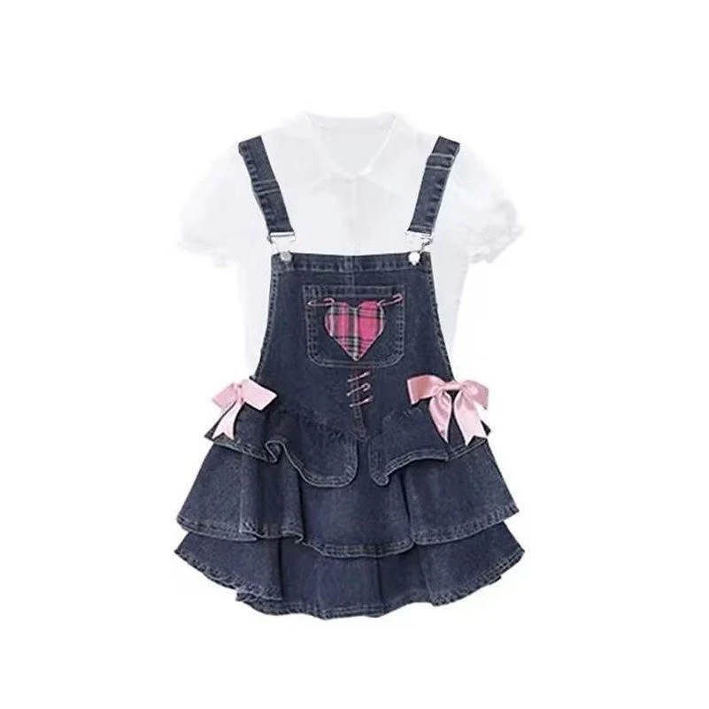 （小九）大码可爱甜妹风牛仔蛋糕蓬蓬背带裙+泡泡袖衬衫两件套557