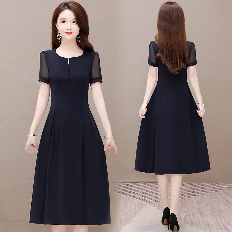 显瘦时尚中长款连衣裙气质夏季短袖中腰夏装韩版洋气大码修身裙子