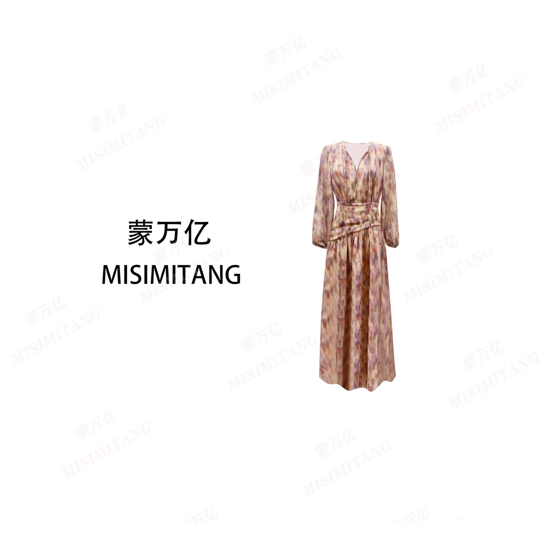 【霓裳长款】春款上新粉色度假轻奢女装连衣裙碎花显瘦长袖