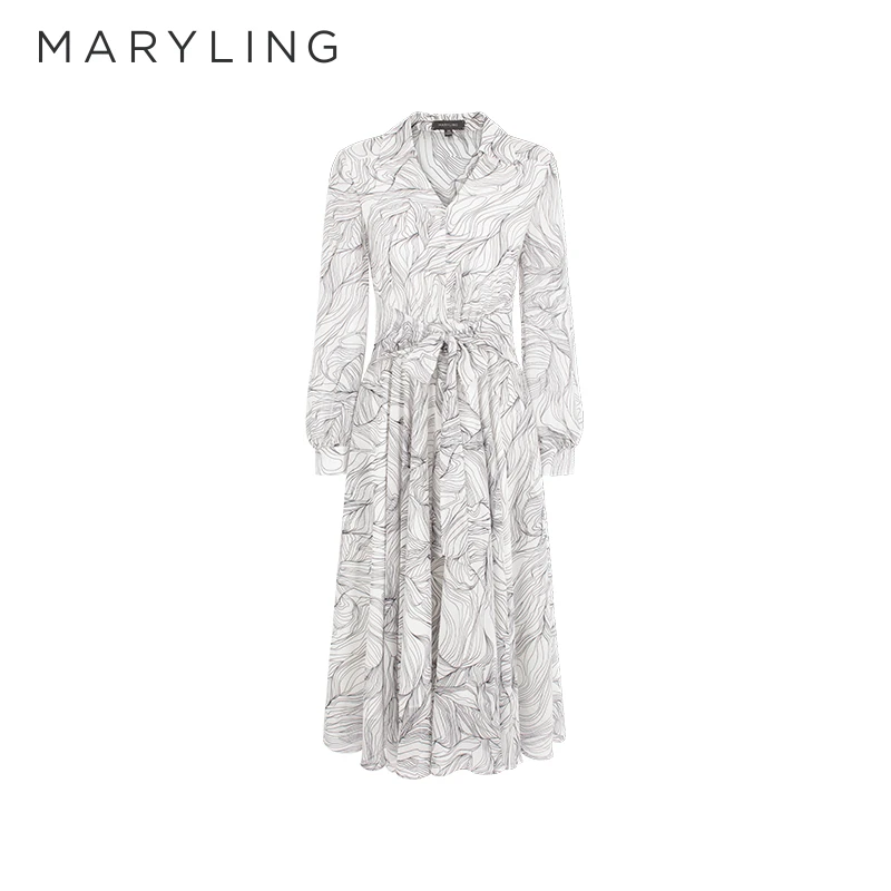 MARYLING玛俪琳2025春季新品经典V领印花衬衫连衣裙A1FBW63600