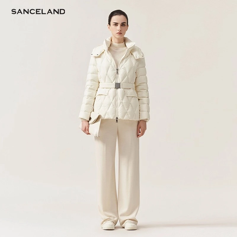 SANCELAND三石一澜商场同款收腰白鸭绒羽绒服保暖外套SI48102006