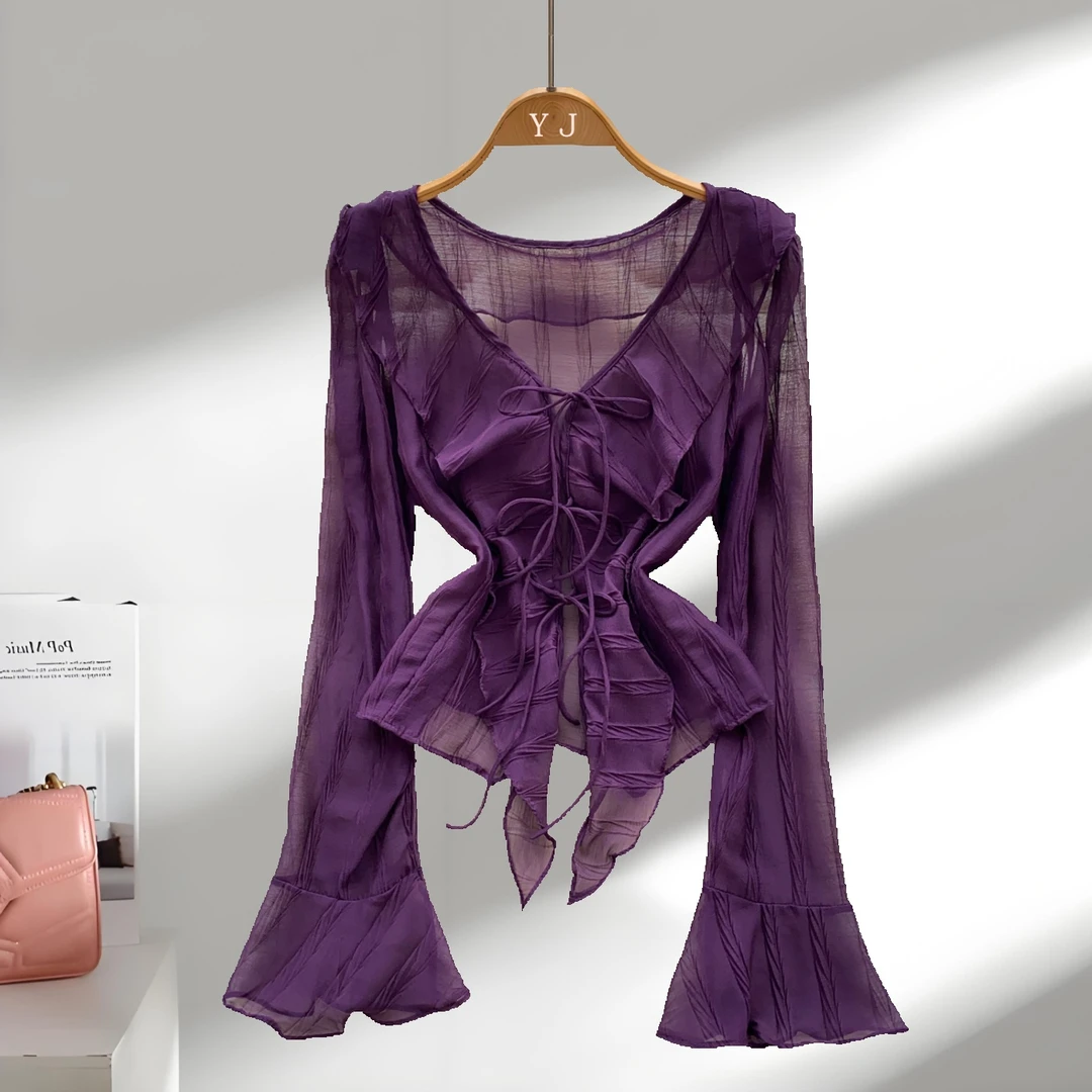 法式时尚喇叭袖衬衫女秋季系带荷叶边设计御姐绝美上衣小众女装