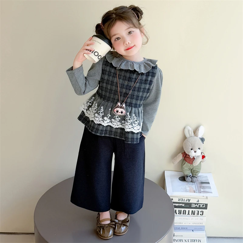 女童花边格子马甲套装洋气儿童春秋季女宝宝阔腿裤休闲三件套女孩