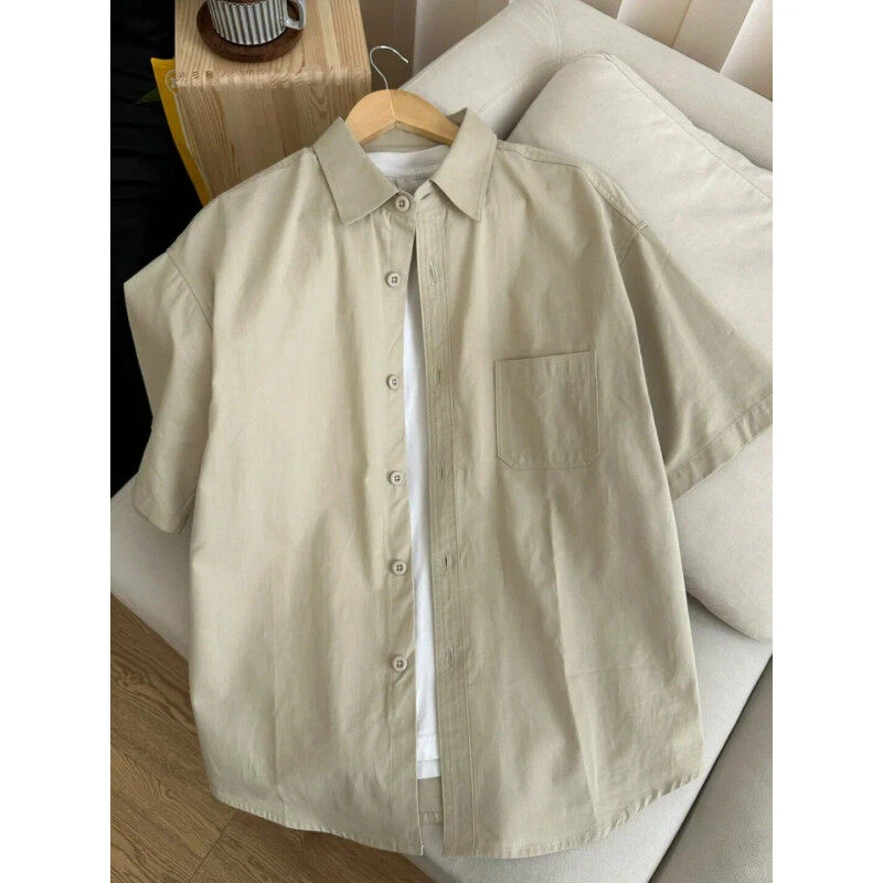 卡其色工装短袖衬衫男夏季日系cityboy衬衣叠穿宽松休闲半袖外套