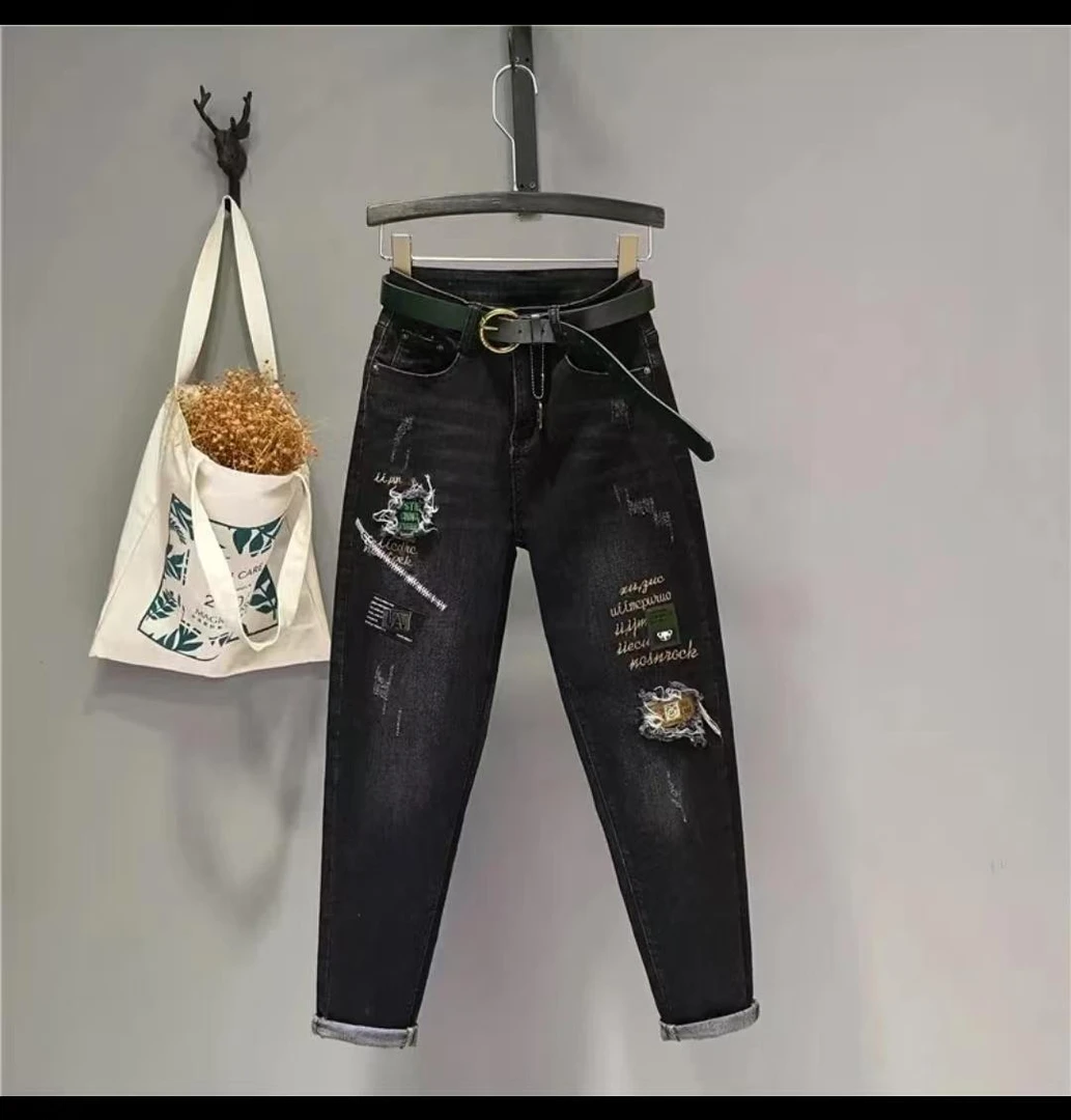 【2】欧货黑色新款刺绣哈伦牛仔裤女高腰假破洞百搭显瘦潮