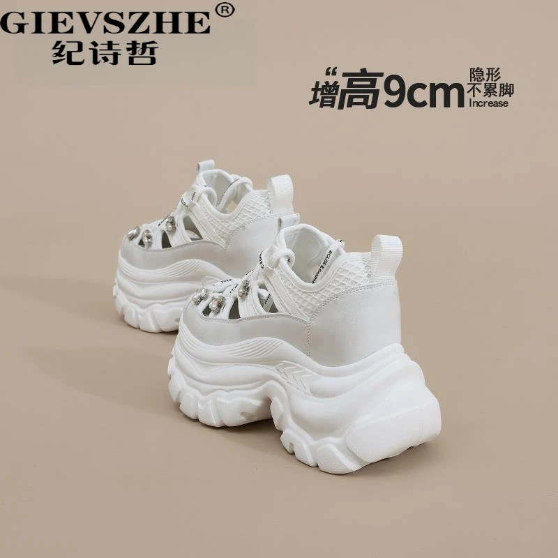 GIEVSZHE/纪诗哲厚底增高9CM镂空老爹鞋女款秋冬新款软底运动凉鞋