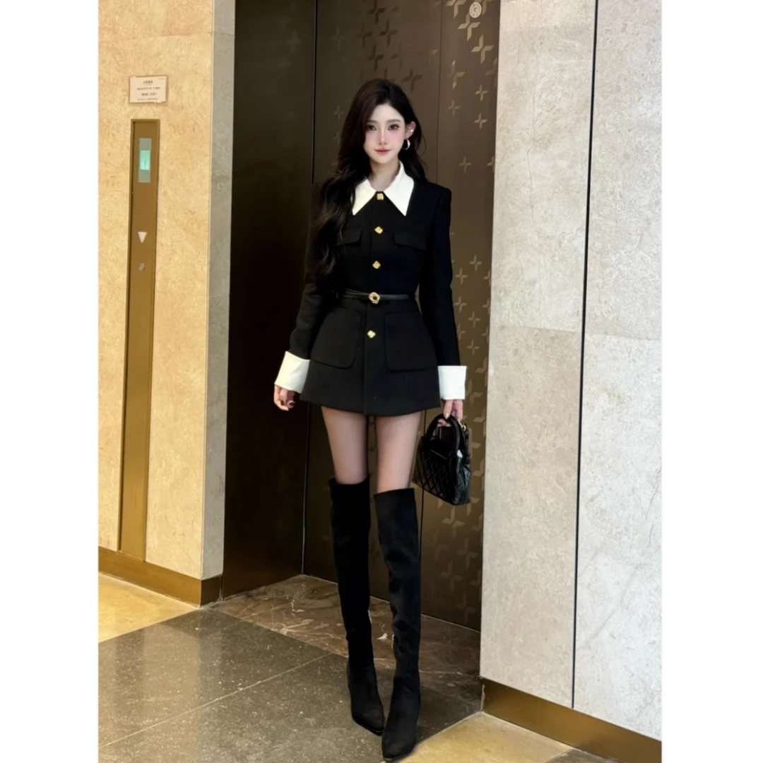 秋冬收腰显瘦设计感千金风法式撞色翻领中长款外套+短裤套装女潮