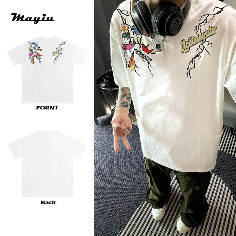 美式个性新元素设计感闪电徽章印花宽松日常情侣纯棉质感短袖T恤