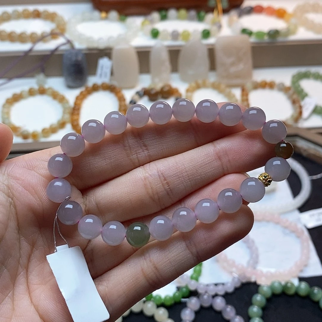 和田玉手链未镶嵌冰烟紫卡八