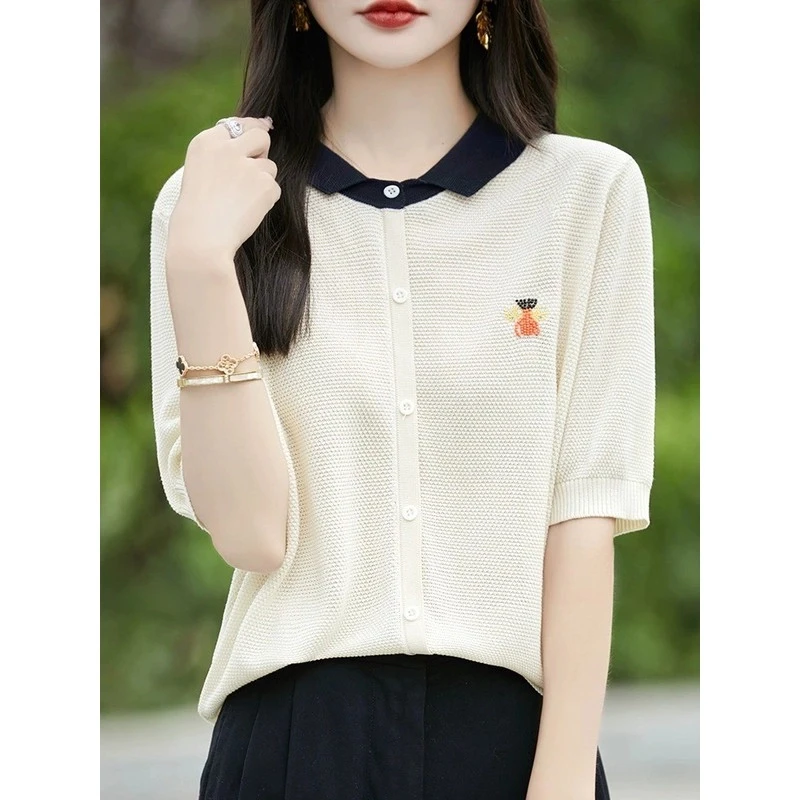 莱赛尔天丝重工刺绣领拼色针织开衫短袖薄款女夏外搭49