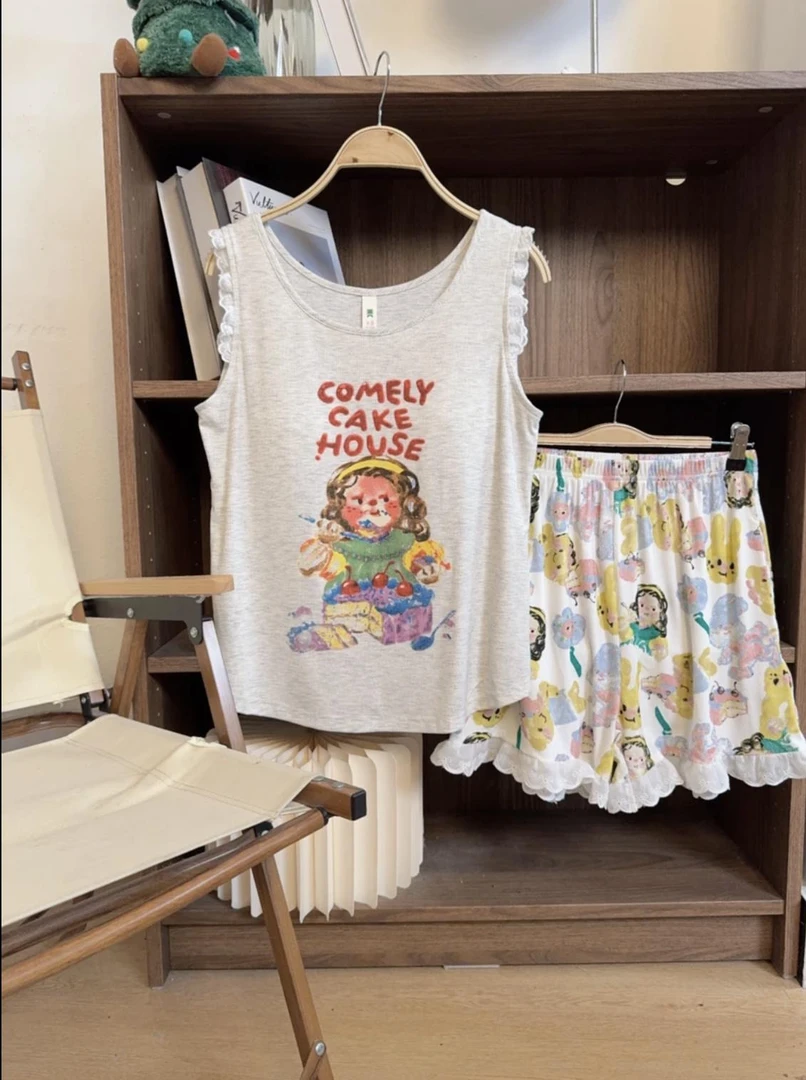 莫代尔夏季薄款套装油画卡通带胸垫背心短裤睡衣家居服多巴胺穿搭