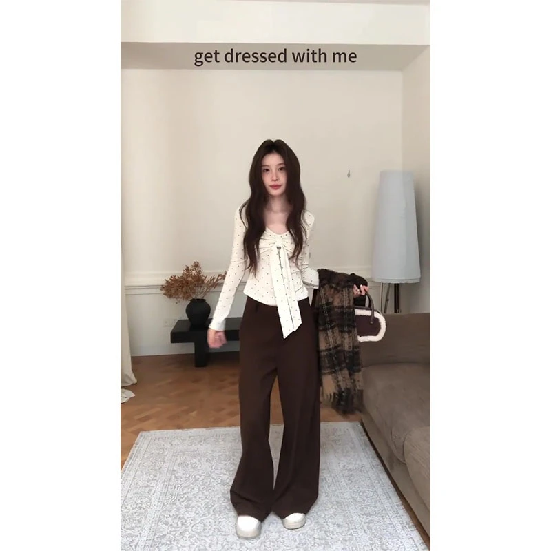 2025女V领波点甜妹设计感长袖显瘦内搭打底衫阔腿高腰直筒休闲裤