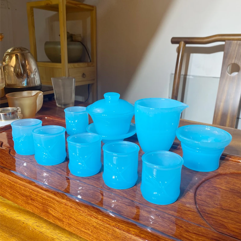 琉璃功夫茶具套装 冰川蓝色竹节杯茶具家用泡茶杯办公纯色 礼盒装