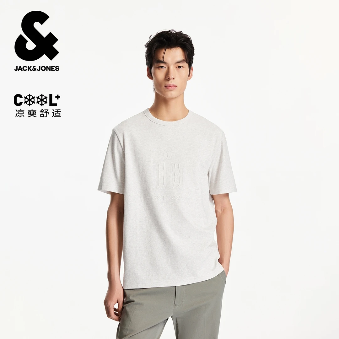 杰克琼斯男装秋季新款立体刺绣日常休闲百搭简约纯色常规短袖T恤