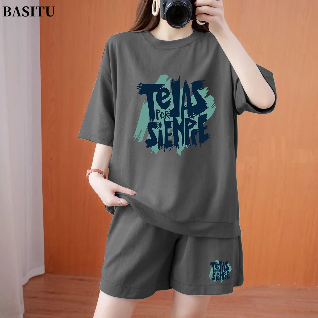 大码胖mm宽松显瘦遮肉休闲棉套装女夏潮流时尚百搭200斤两件套