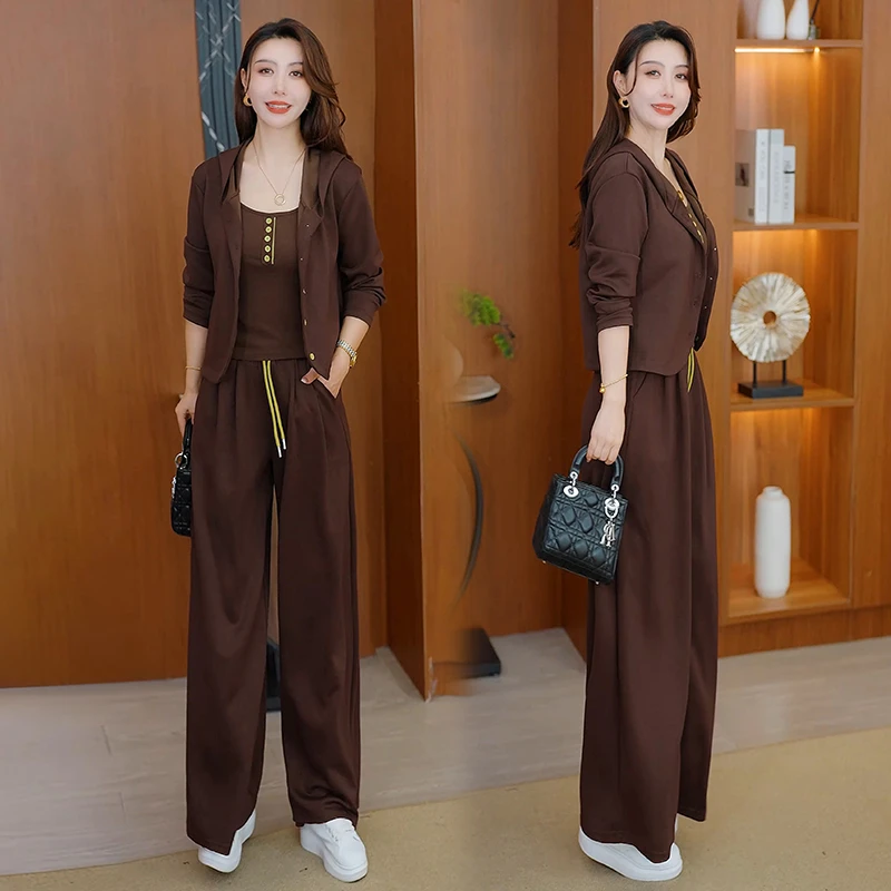 2025年秋别致吊带背心开衫外套阔腿裤三件套